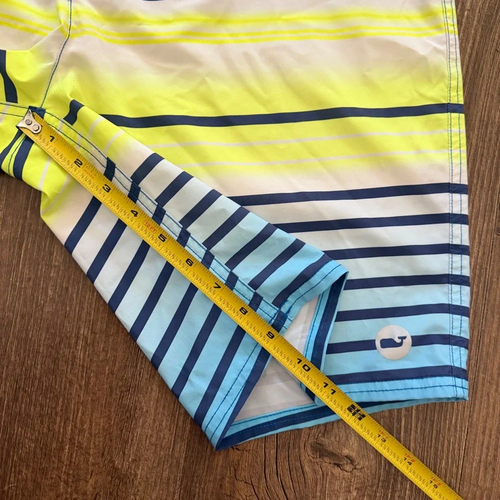 Vineyard Vines Board Shorts Mens 34 Blue Lime Green Striped Swim Trunks Stretch